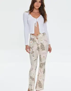 Forever 21 Tropical Print Self Tie Flare Pants Taupe/Multi