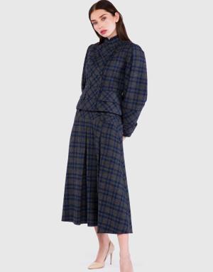 Checked Fabric Button Detailed Pleated Sleeve Anthracite Jacket