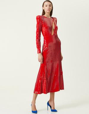 Kırmızı İşlemeli Midi Kokteyl Elbise