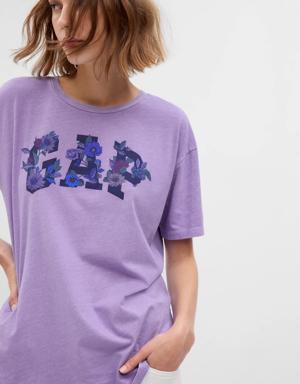 Gap 100% Organic Cotton Floral Gap Logo T-Shirt purple