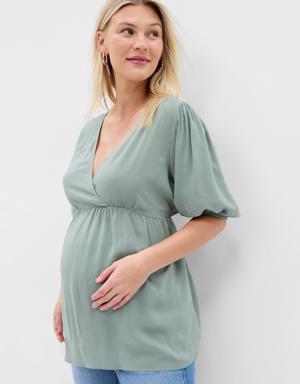 Gap Maternity Puff Sleeve Wrap Top green