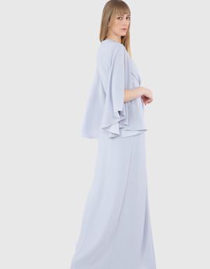 Slit Cape Sleeves Embroidered Detailed Long Blue Dress