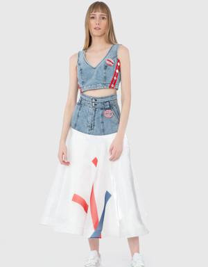 Organza Stripe Printed High Waist Midi Length Navy Blue Skirt