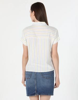 Regular Fit Shirt Neck Çizgili Çok Renkli Kadın Kısa Kol Gömlek