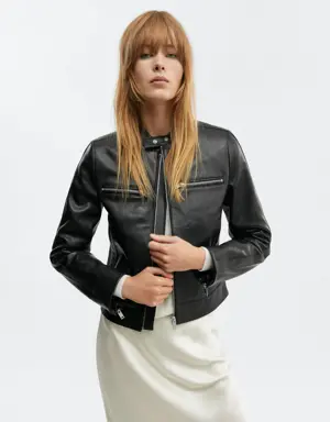 Zipper leather biker jacket