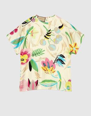 Floral print silk T-shirt