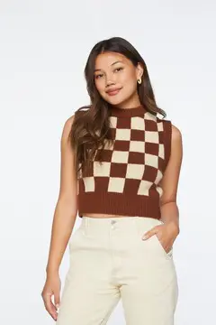 Forever 21 Forever 21 Checkered Cropped Sweater Vest Sand/Brown. 2