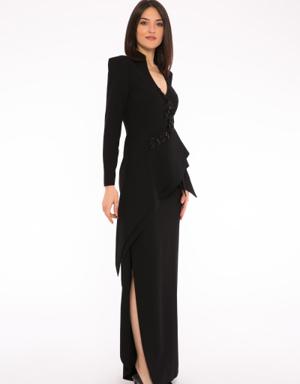 Embroidery Detailed Long Sleeve Black Long Evening Dress