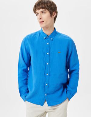Erkek Regular Fit Düğmeli Yaka Keten Mavi Gömlek
