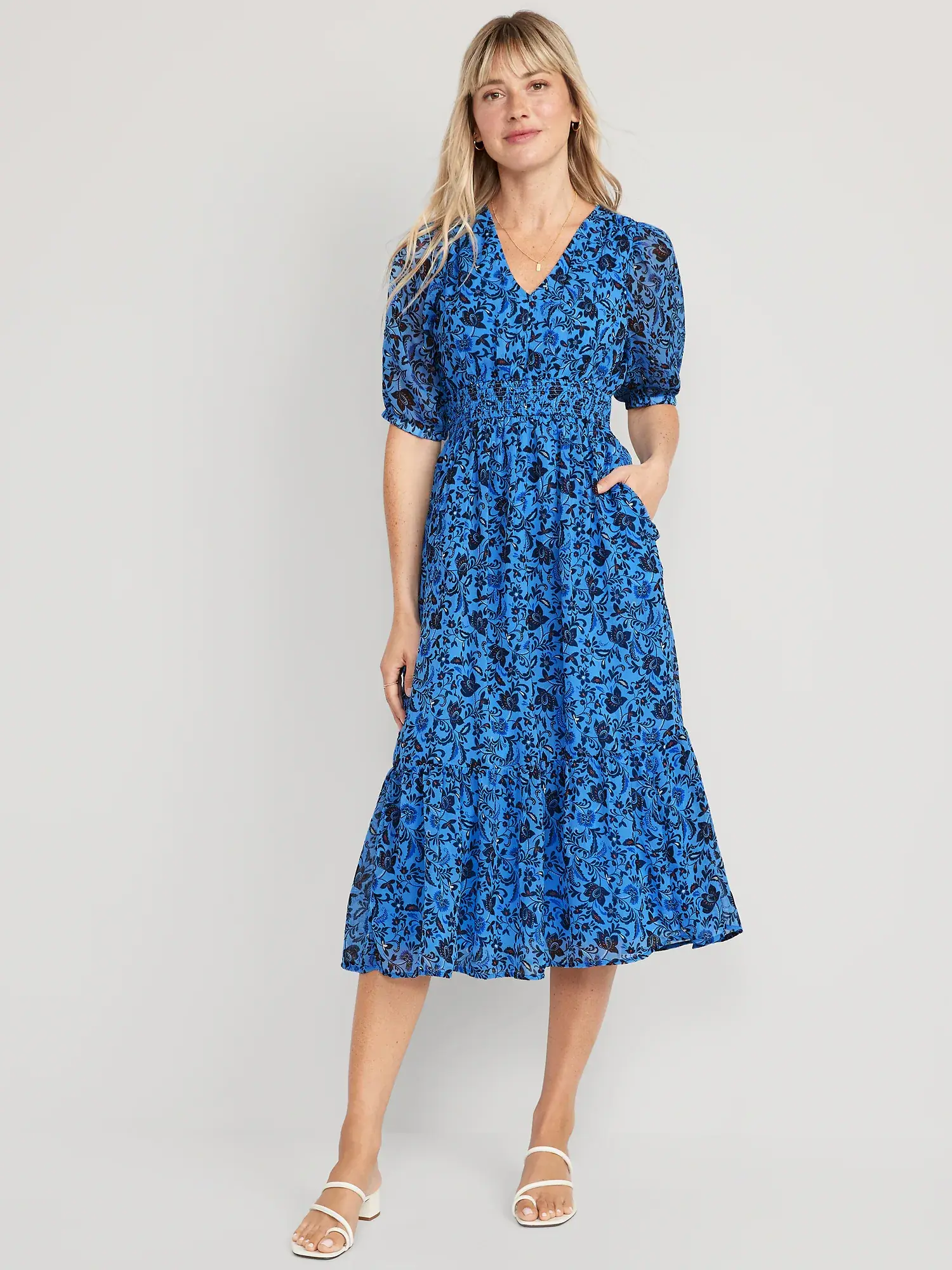 Old Navy Waist-Defined V-Neck Midi Dress for Women blue. 1