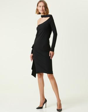 Siyah Asimetrik Kesim Detaylı Mini Elbise