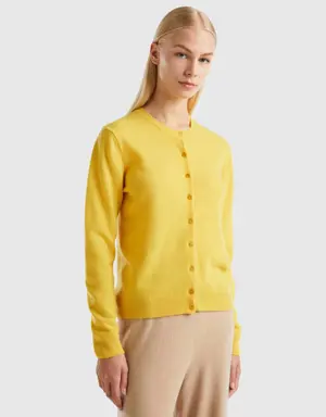 yellow crew neck cardigan in pure merino wool
