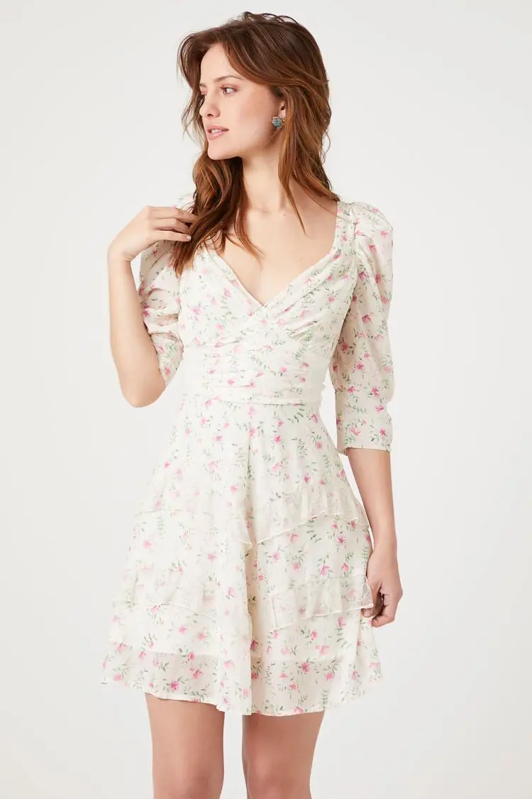 Forever 21 Forever 21 Floral Ruffle Trim Mini Dress Cream/Multi. 1