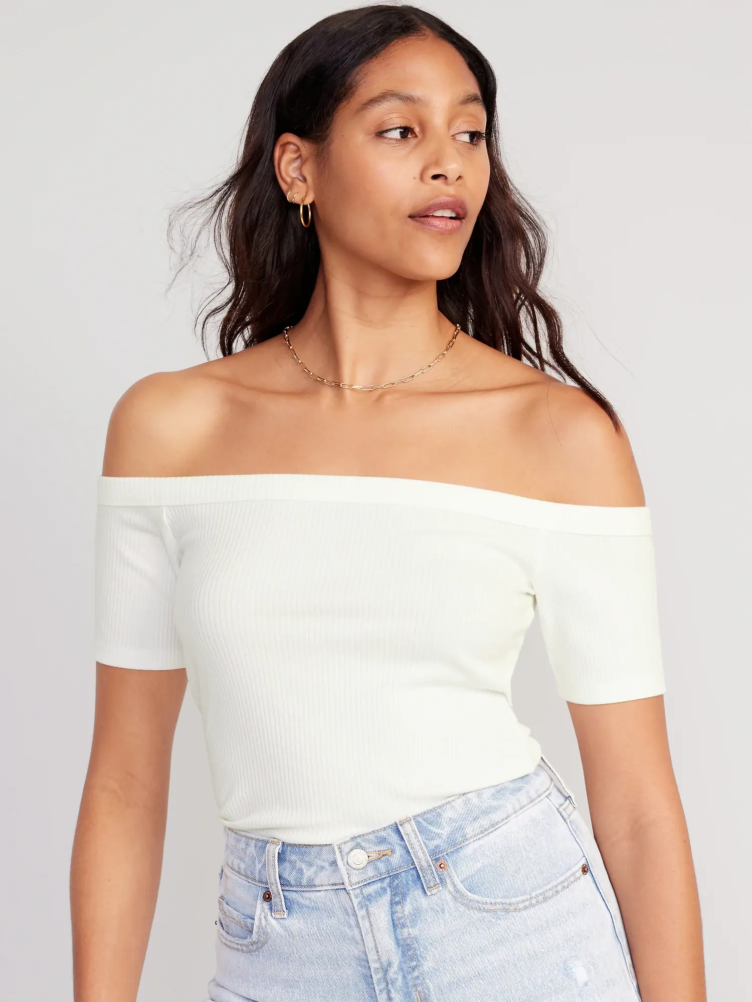 Old Navy Fitted Off-The-Shoulder T-Shirt for Women white. 1