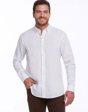Beyaz Comfort Fit Uzun Kollu %100Pamuk Düz Casual Oxford Gömlek