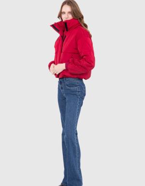 Embroidered Back Short Inflatable Dark Red Coat