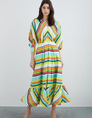 Belted Striped Dress With Ruffle Detail on the Cuff, Tied Back
