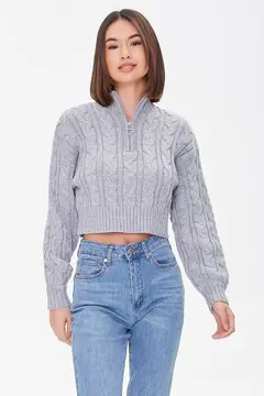 Forever 21 Forever 21 Cropped Cable Knit Sweater Heather Grey. 2