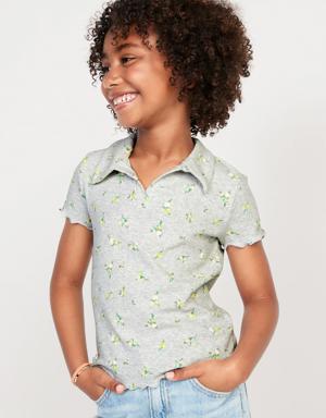 Rib-Knit Collared Lettuce-Edge Shirt for Girls gray