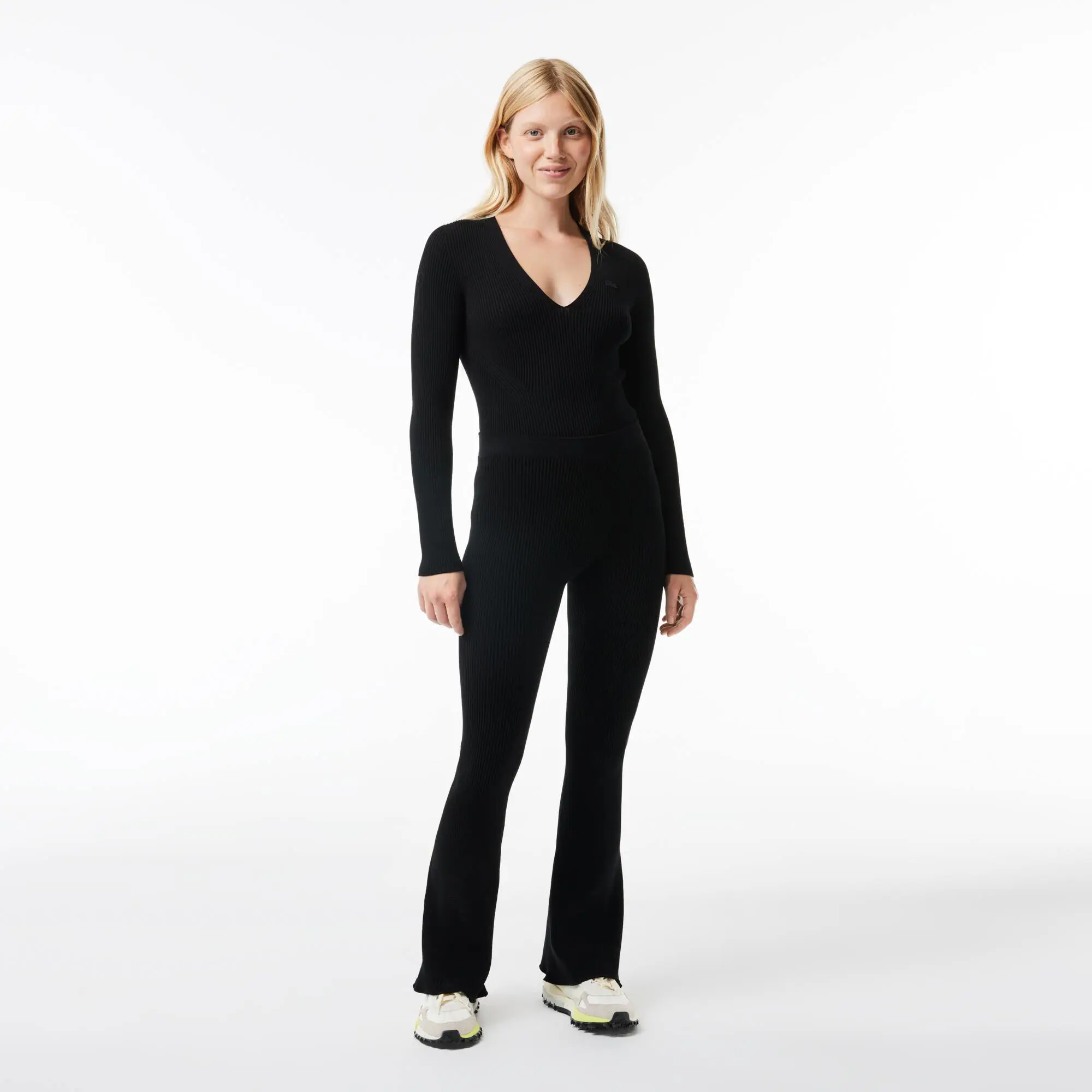 Lacoste Seamless Ribbed Knit Flared Leggings. 1