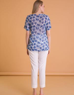 Floral Patterned Short Sleeve Pleated Blue Blouse