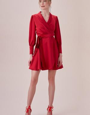 Kırmızı Uzun Kollu Kruvaze Yaka Saten Mini Elbise