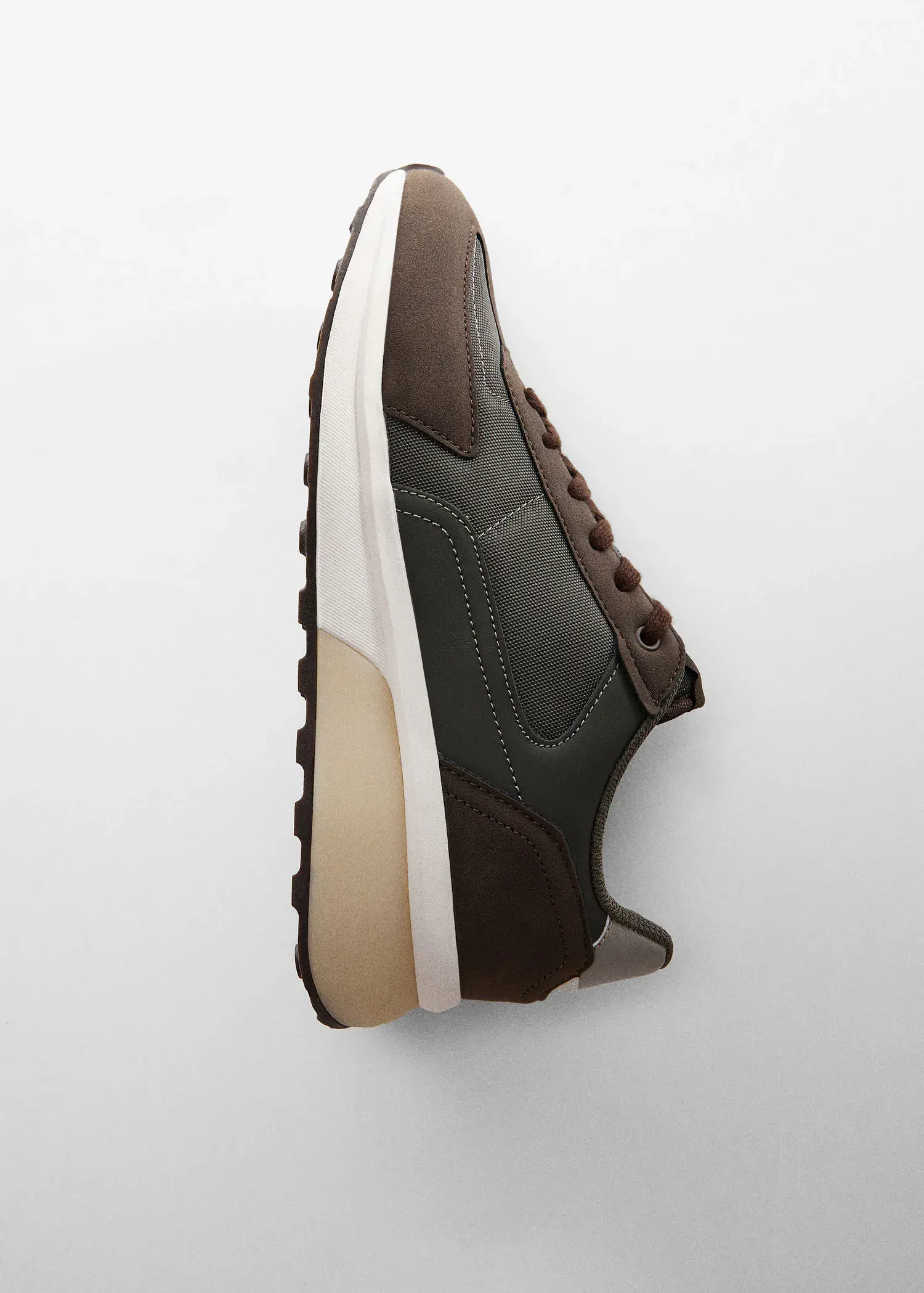 Mango Leather mixed sneakers. a pair of brown and white sneakers on a white surface. 