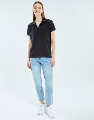KADIN SİYAH OVERSIZE KISA KOLLU POLO