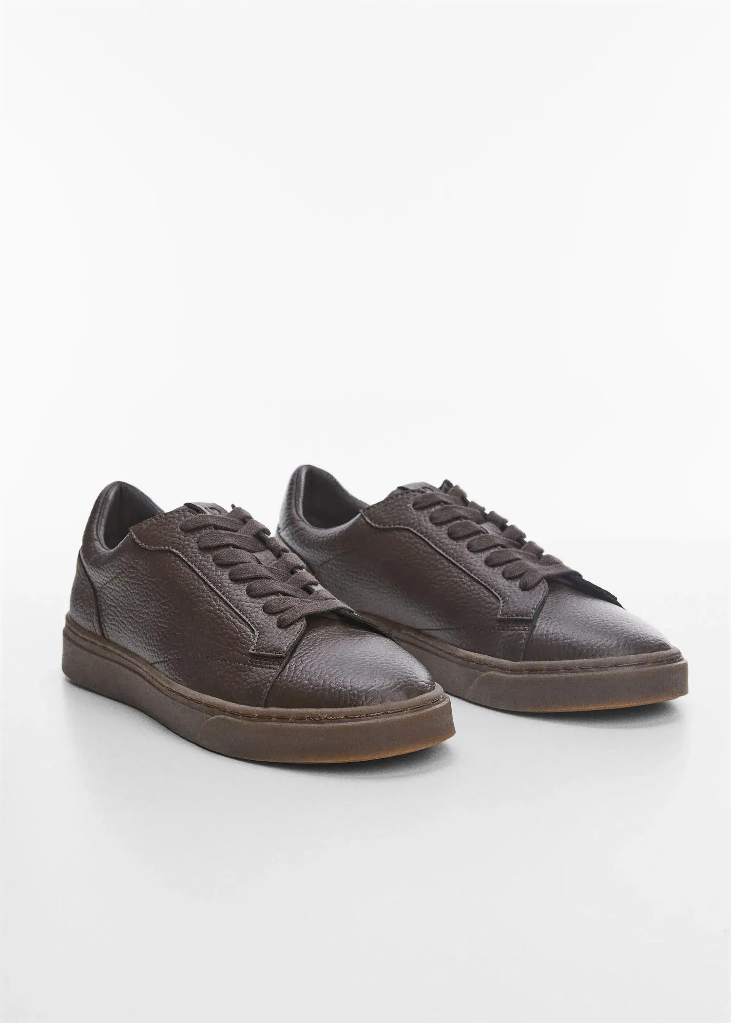 Mango Pebbled leather sneakers. a pair of brown sneakers on a white surface. 