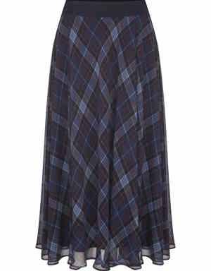 Elastic Waist Blue Check Midi Skirt