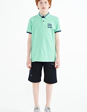 Su Yeşili Yakası Renk Bloklu Baskı Detaylı Standart Kalıp Erkek Çocuk T-Shirt - 11111