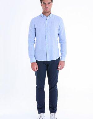 Mavi Comfort Fit Uzun Kol %100Keten Düz Casual Gömlek
