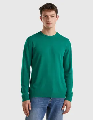 green crew neck sweater in pure merino wool