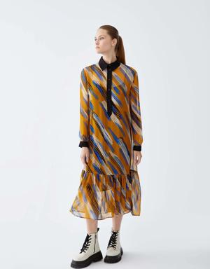 Collared and Long Sleeve Print Dress