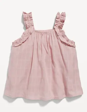 Sleeveless Ruffle-Trim Windowpane-Plaid Top for Baby pink