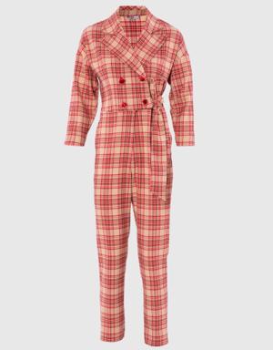 Button Detailed Side Belted Plaid Pink Jumpsuit