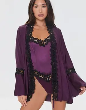 Forever 21 Floral Lace Trim Satin Lingerie Robe Purple