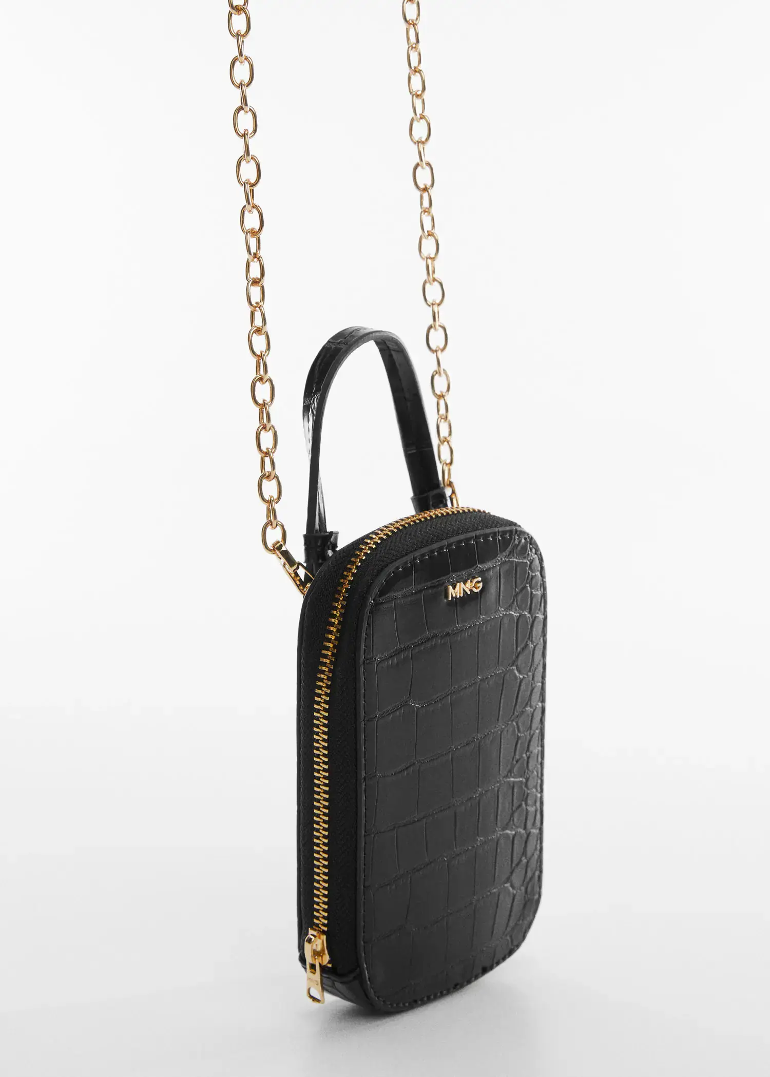 Mango Crocodile mobile case. a close-up of a black purse with a chain strap. 