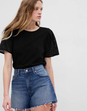 Gap 100% Organic Cotton Vintage Eyelet Puff Sleeve T-Shirt black