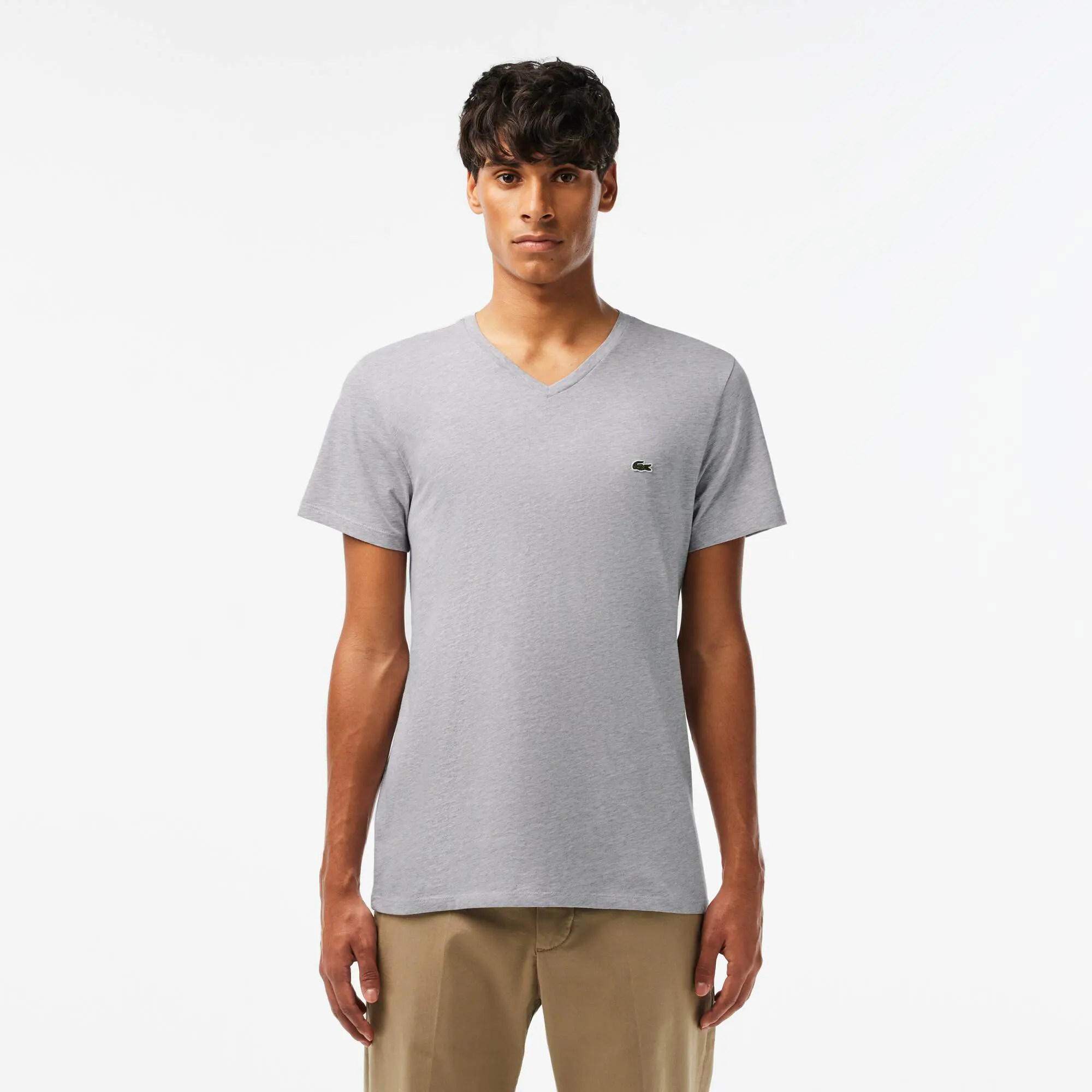 Lacoste T-shirt decote em V em jersey de algodão pima unicolor. 1
