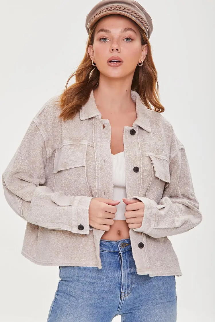 Forever 21 Forever 21 Reverse Fleece Drop Sleeve Jacket Taupe. 1