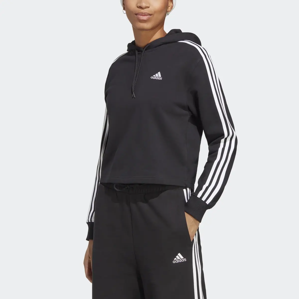 Adidas Sweat-shirt à capuche court en molleton à 3 bandes Essentials. 1