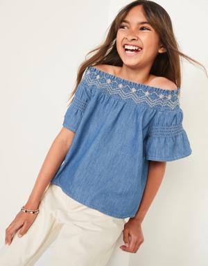 Short-Sleeve Embroidered Smocked Swing Top for Girls blue
