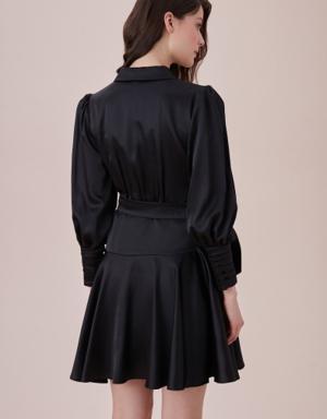Siyah Uzun Kollu Kruvaze Yaka Saten Mini Elbise