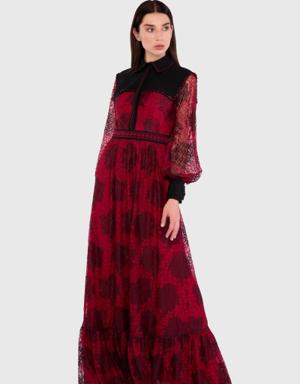 Stripe Accessory And Robe Detail Long Lace Red Dress