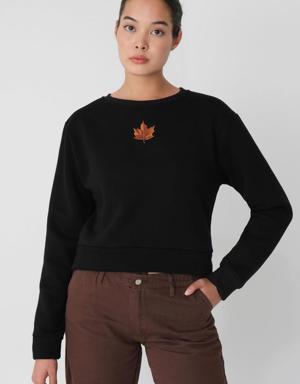 Yaprak İşlemeli Bisiklet Yaka Sweatshirt
