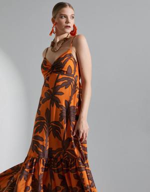 Melis Ağazat X Koton - Tropikal Desenli Askılı Uzun Elbise
