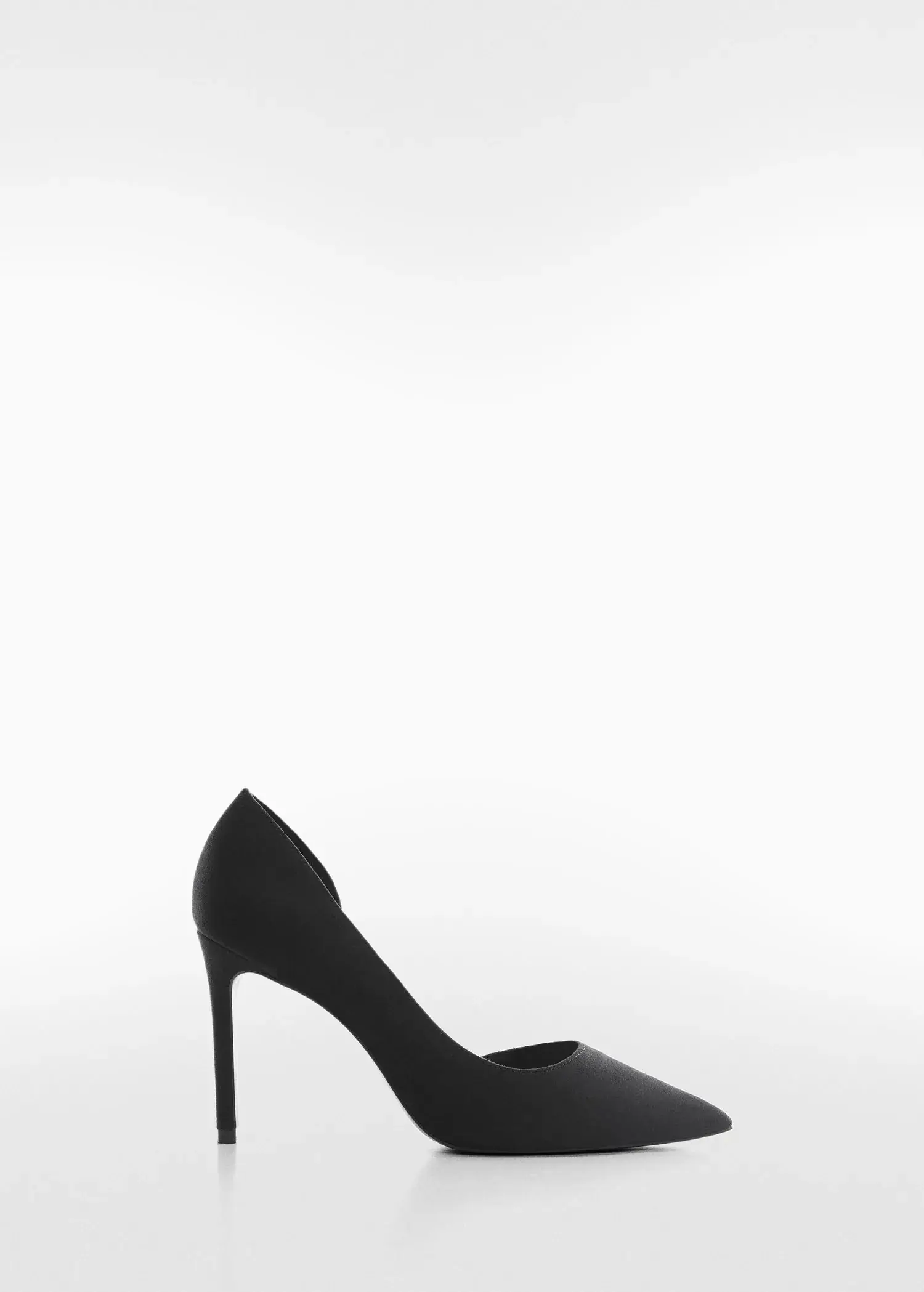Mango Asymmetrical heeled shoes. a pair of black high heels on a white background. 