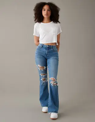 American Eagle Stretch Curvy Ripped Super High-Waisted Flare Jean. 1