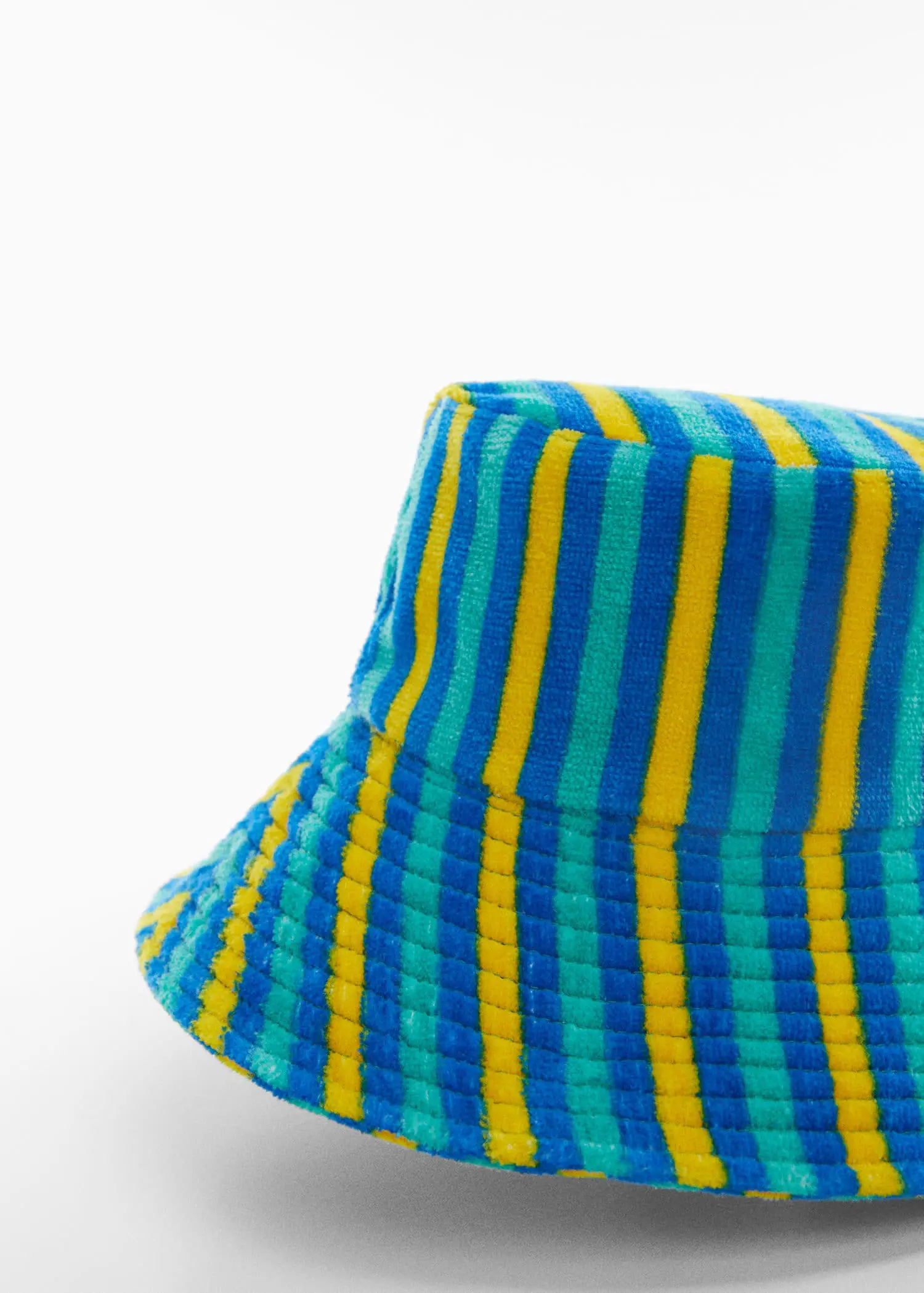 Mango Striped terry cloth bucket hat. a close-up view of a blue and yellow striped hat. 